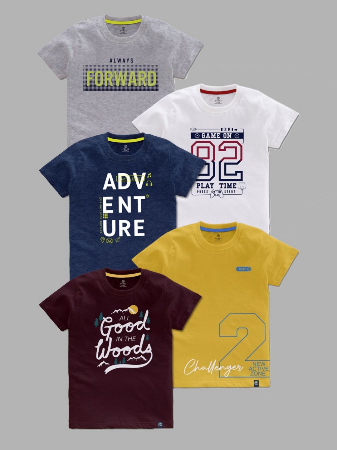 

CODEZ Pack Of 5 Boys Typography Printed Round Neck Cotton T-shirts, Yellow