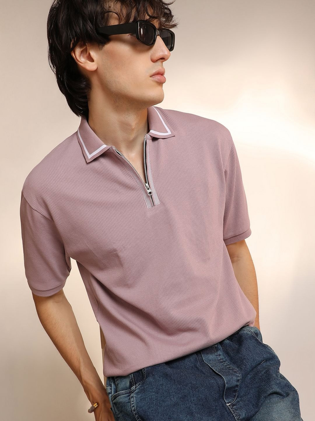

Campus Sutra Men Solid Polo Collar Cotton T-shirt, Pink