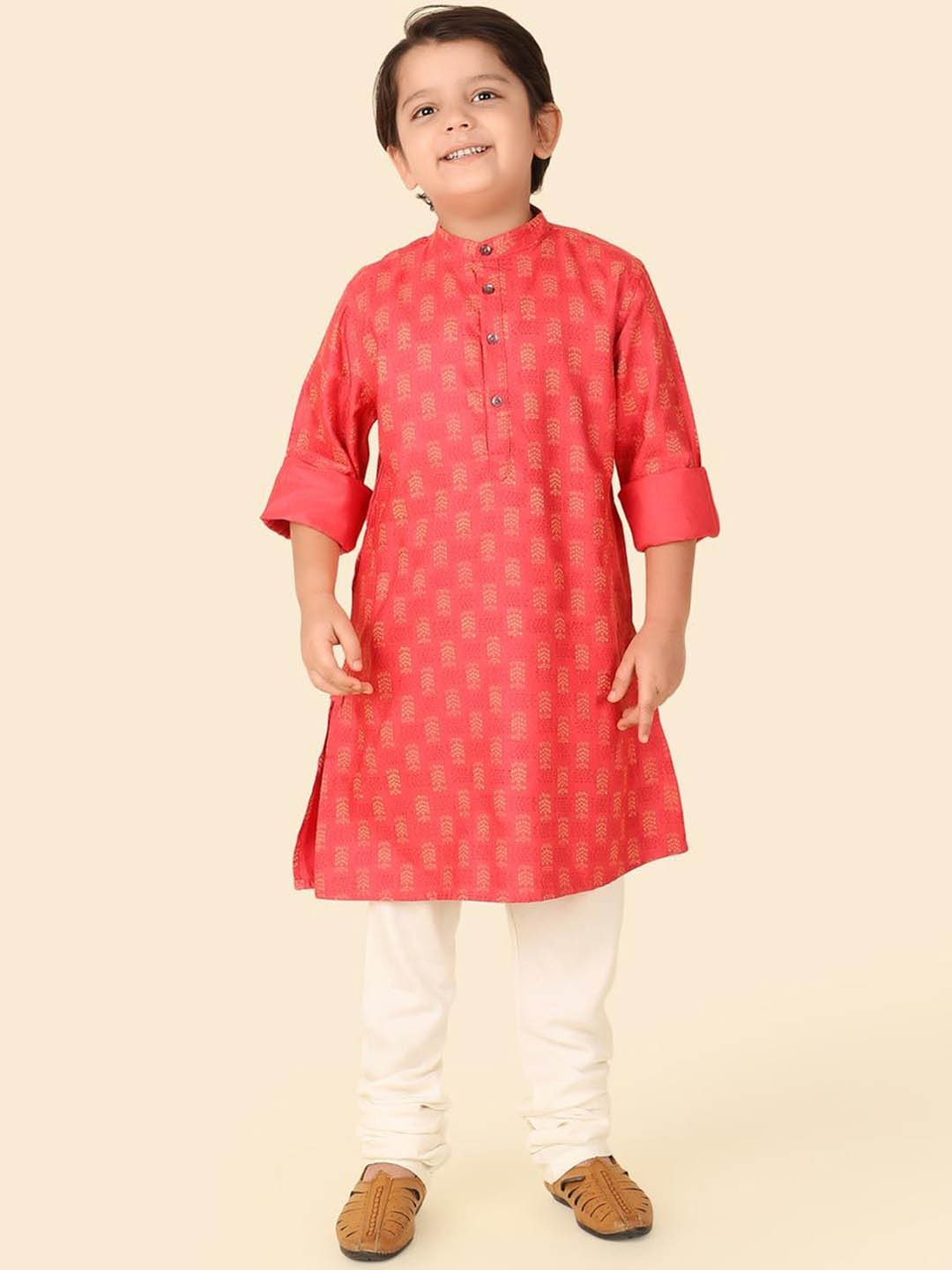 

Fabindia Boys Ethnic Motifs Printed Band Collar Straight Kurta, Coral