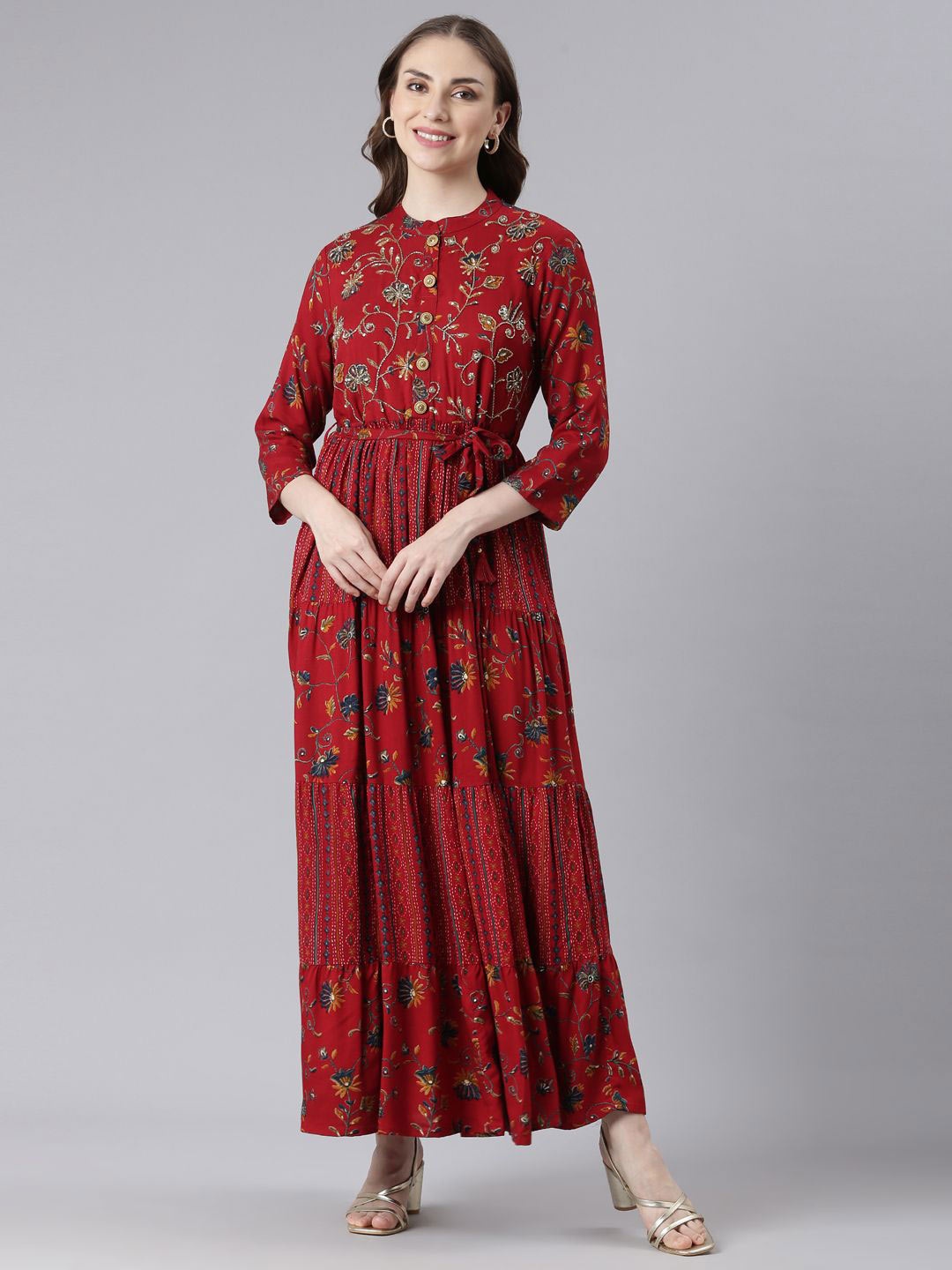 

Neerus Floral Print Layered Maxi Dress, Red