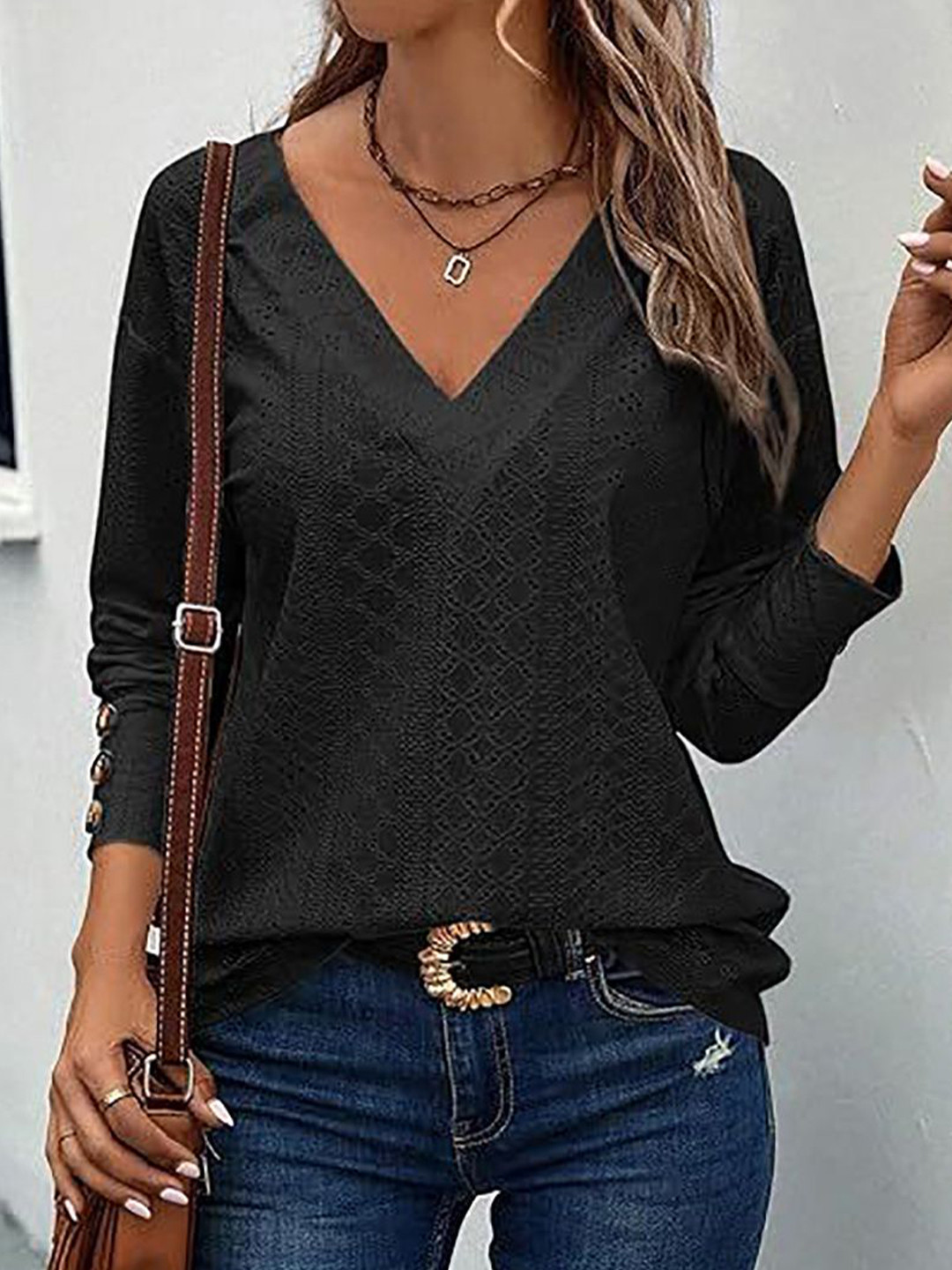 

StyleCast x Revolte Women Self Design V-Neck Top, Black