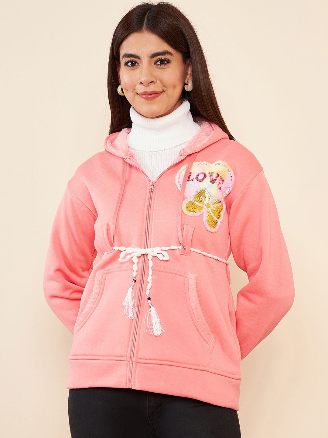 

PIVL Women Solid Embroidered Hooded Open Front Jacket, Peach