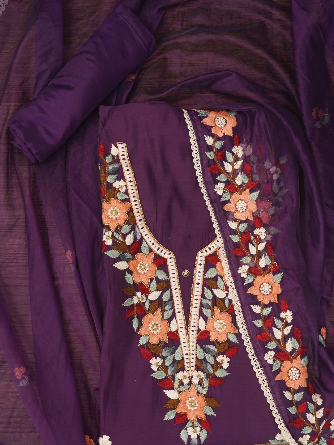 

Jaipur Kurti Pure Silk Lucknowi Embroidered Dress Material with Dupatta, Purple