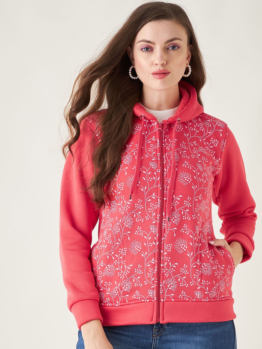 

PIVL Women Floral Printed Hooded Jacket, Peach