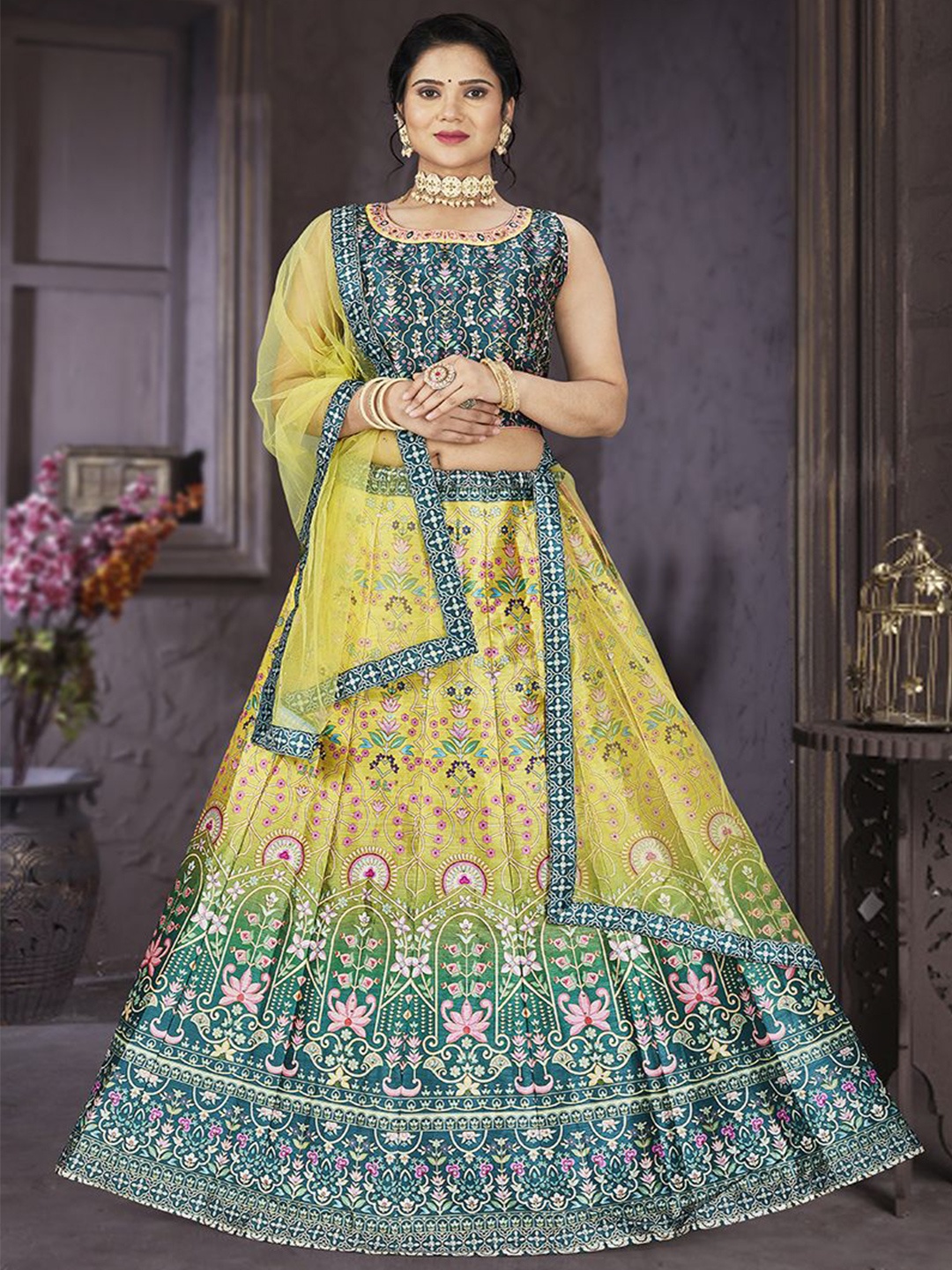 

Krimmple Printed Beads and Stones Ready to Wear Lehenga & Blouse With Dupatta, Yellow