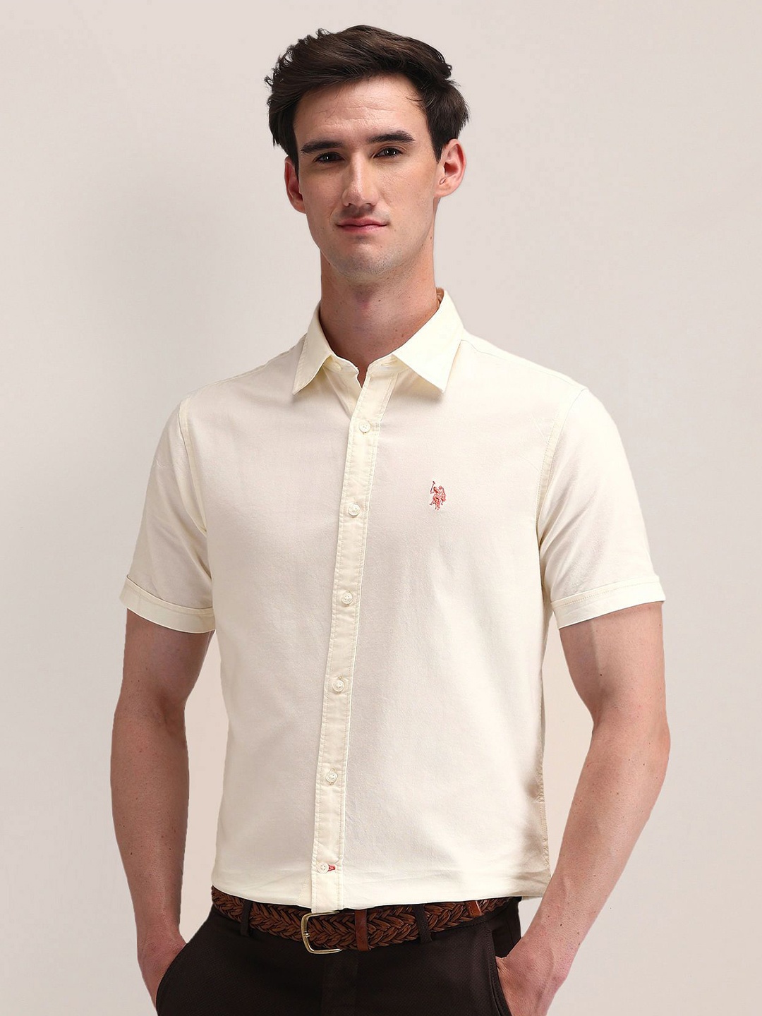 

U.S. Polo Assn. Men Modern Spread Collar Solid Cotton Slim Fit Casual Shirt, White