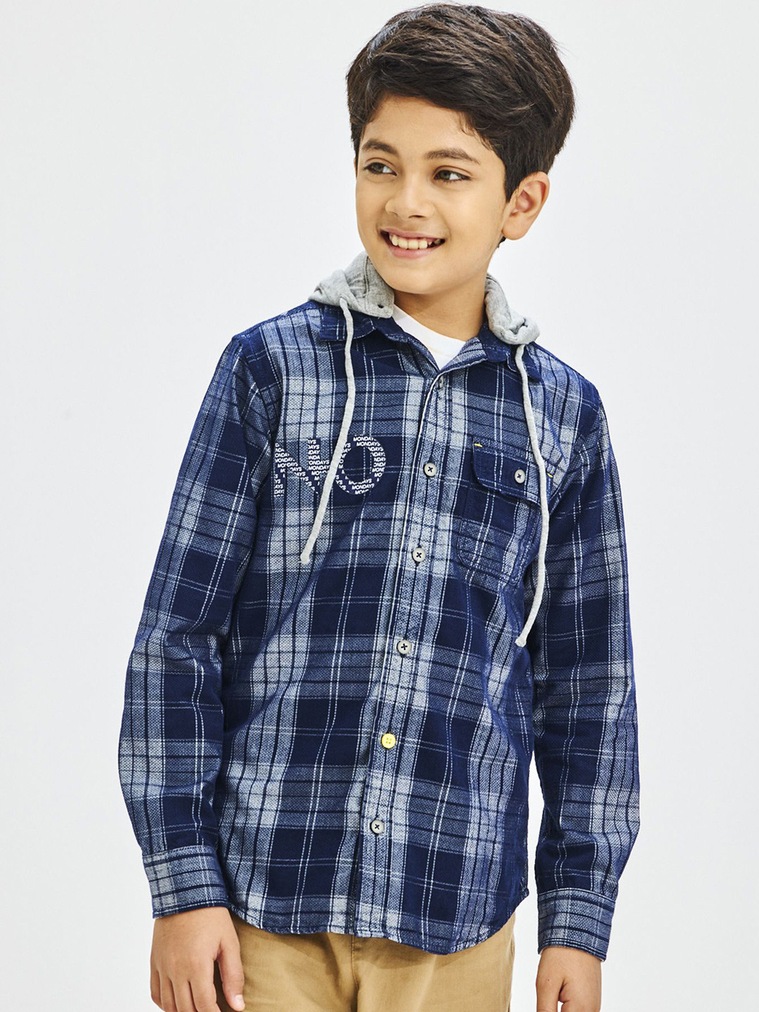 

NO MONDAYS Boys Tartan Checks Opaque Hooded Casual Shirt, Navy blue