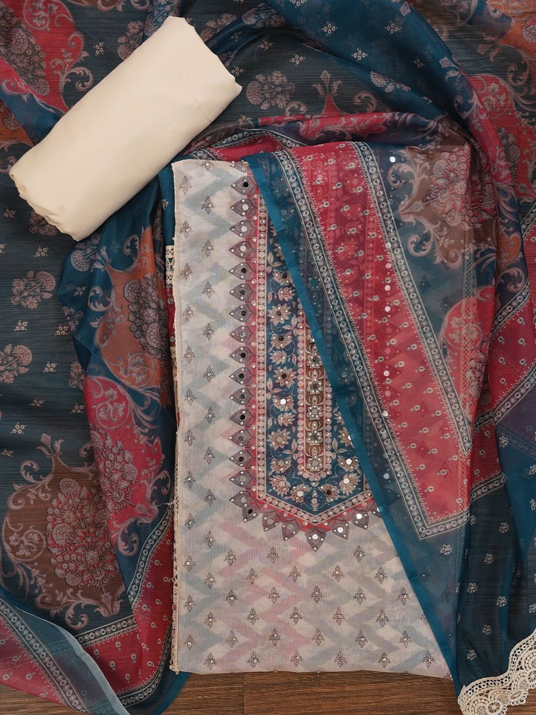 

Jaipur Kurti Floral Printed Organza Dress Material With Dupatta, Cream