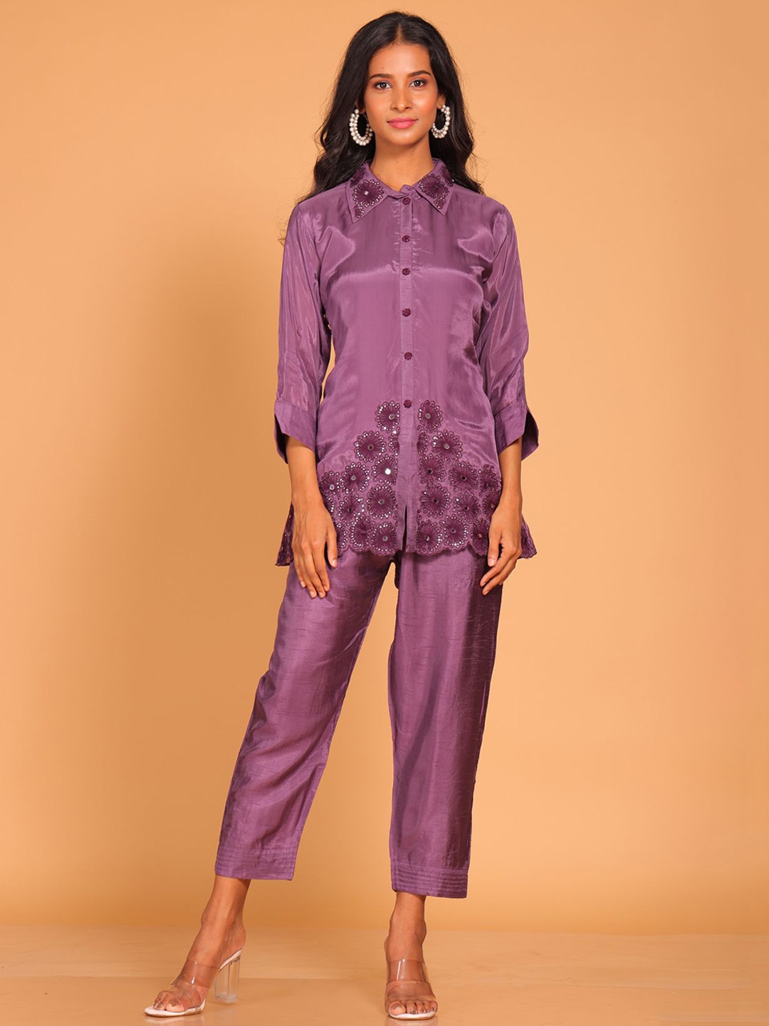 

Morchari Floral Embroidered Mirror Work Pure Silk Tunic with Trousers, Purple