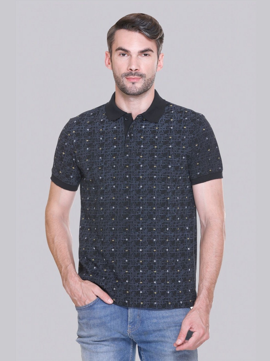 

ELPIDA Men Conversational Printed Polo Collar Cotton T-shirt, Black
