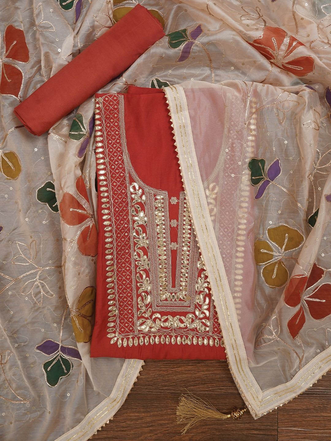 

Jaipur Kurti Handpainted Embroidered Pure Silk Dress Material with Dupatta, Rust