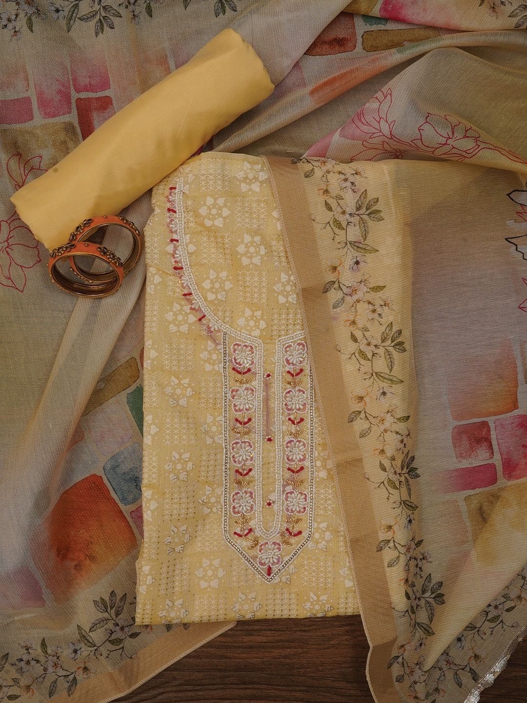 

Jaipur Kurti Printed Embellished Cotton Dress Material with Dupatta, Yellow