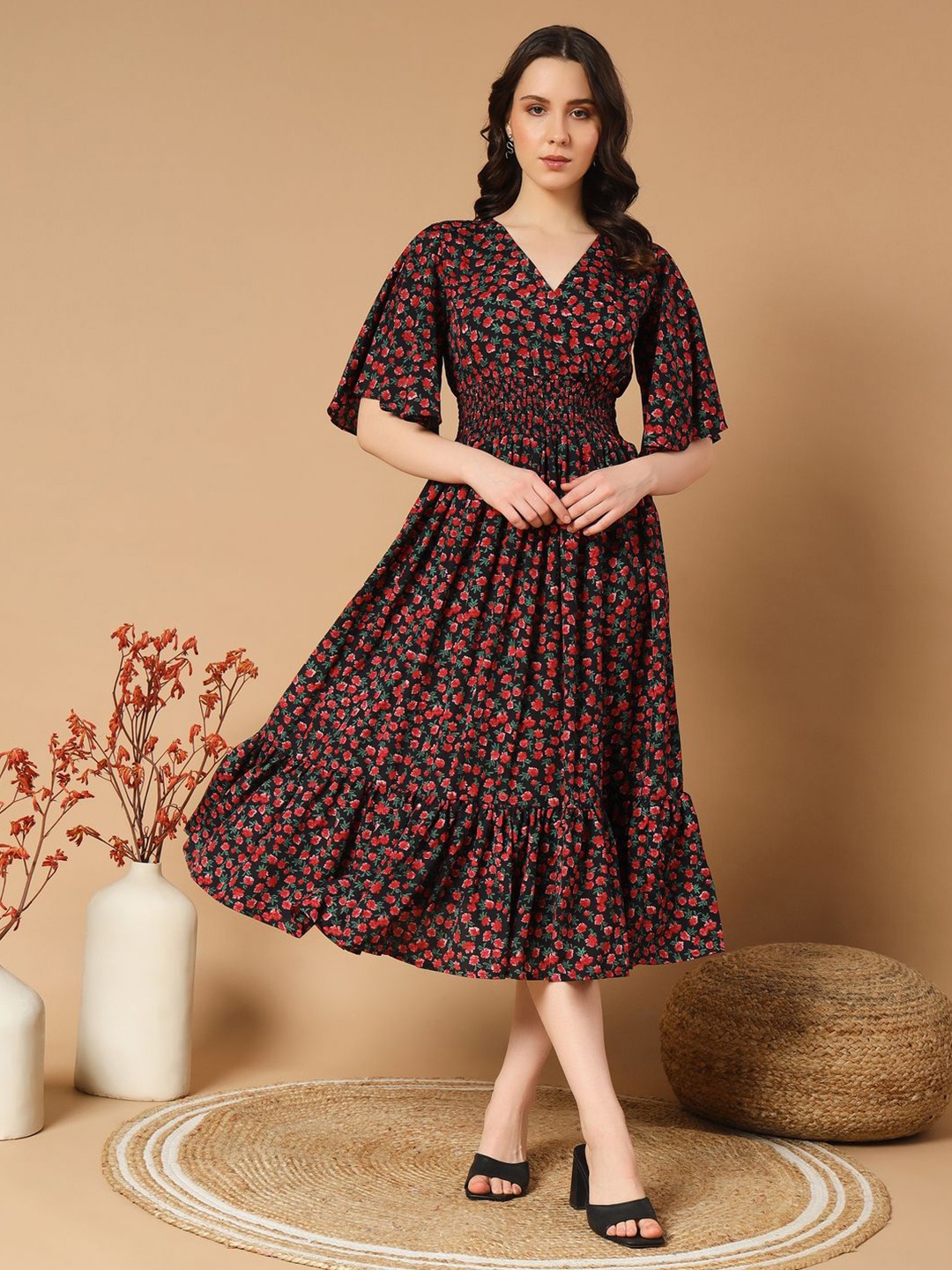 

OTABU Floral Print Flared Sleeve Crepe A-Line Midi Dress, Red
