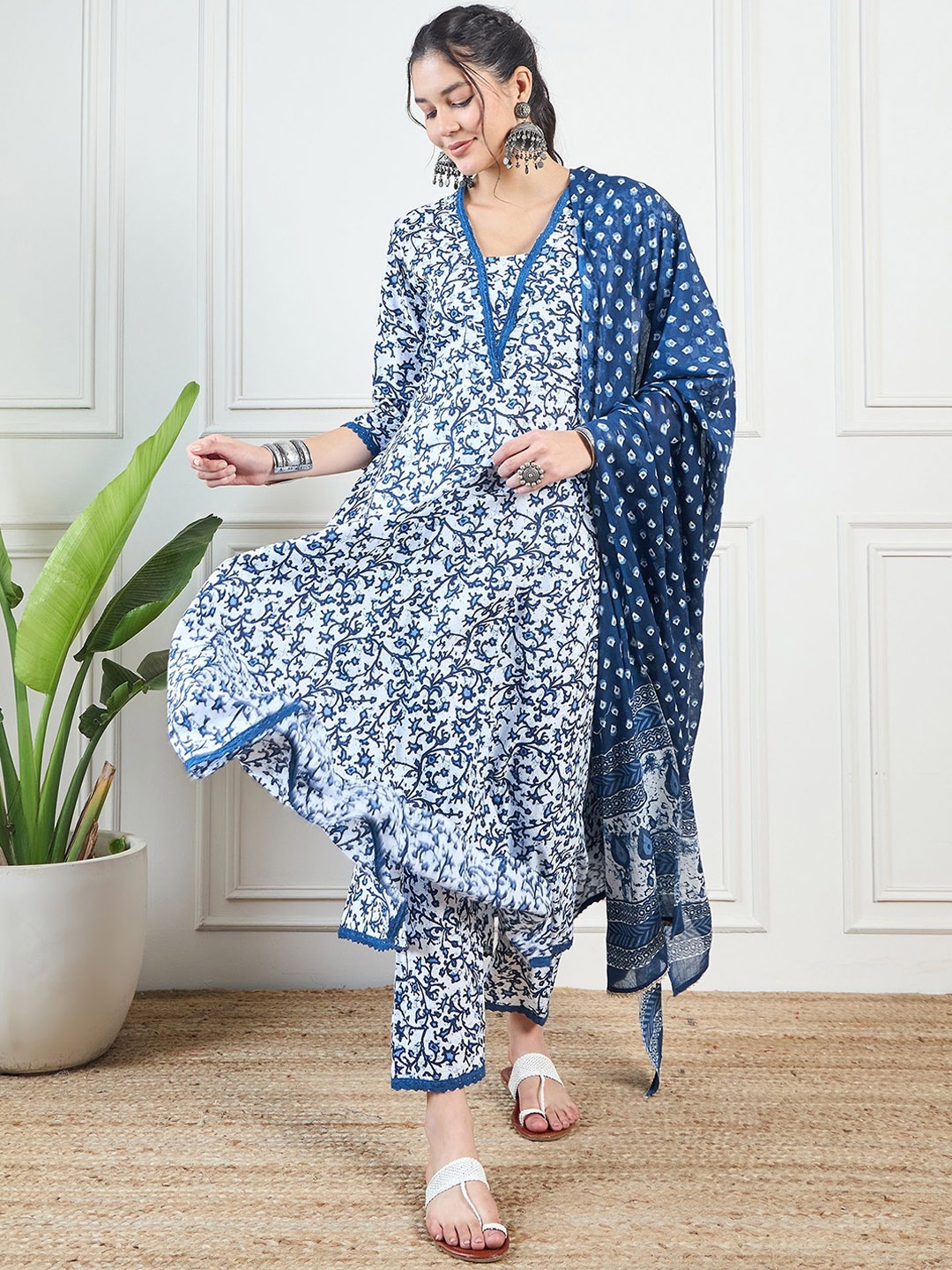 

KALINI Floral Printed Pure Cotton Anarkali Kurta With Palazzos & Dupatta, Blue