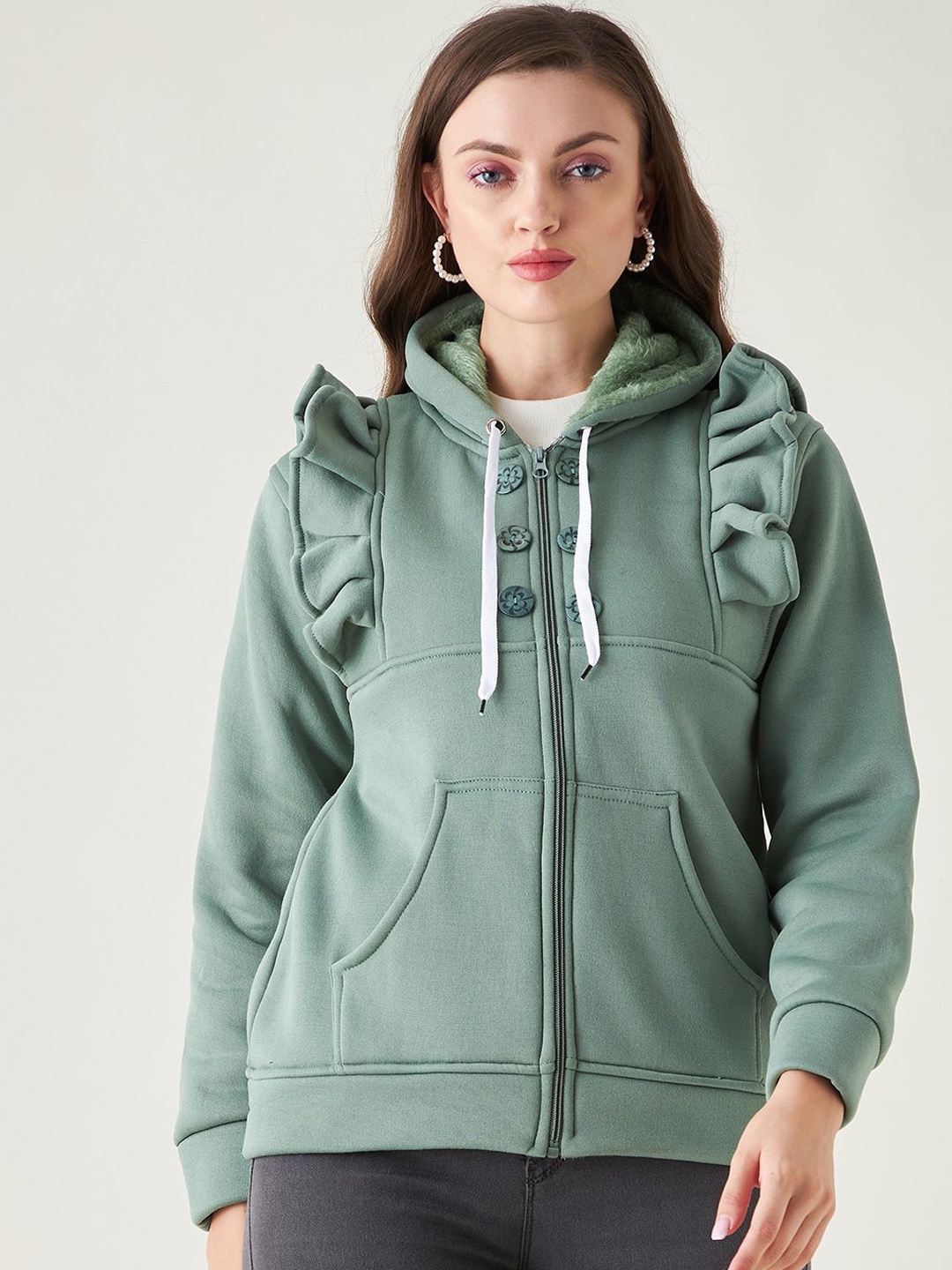 

PIVL Women Solid Windcheater Hooded Jacket, Green