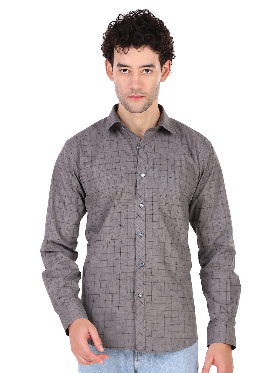 

DESIGN UP Men Comfort Spread Collar Windowpane Checked Cotton Slim Fit Formal Shirt, Grey