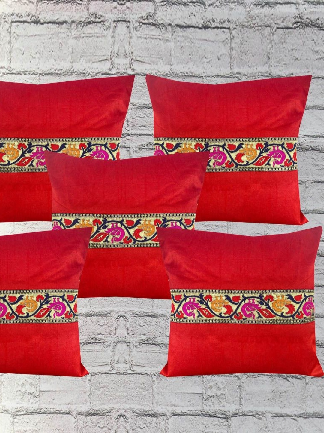 

Pink Parrot Red & Beige 5 Pieces Ethnic Motifs Printed Square Cushion Covers