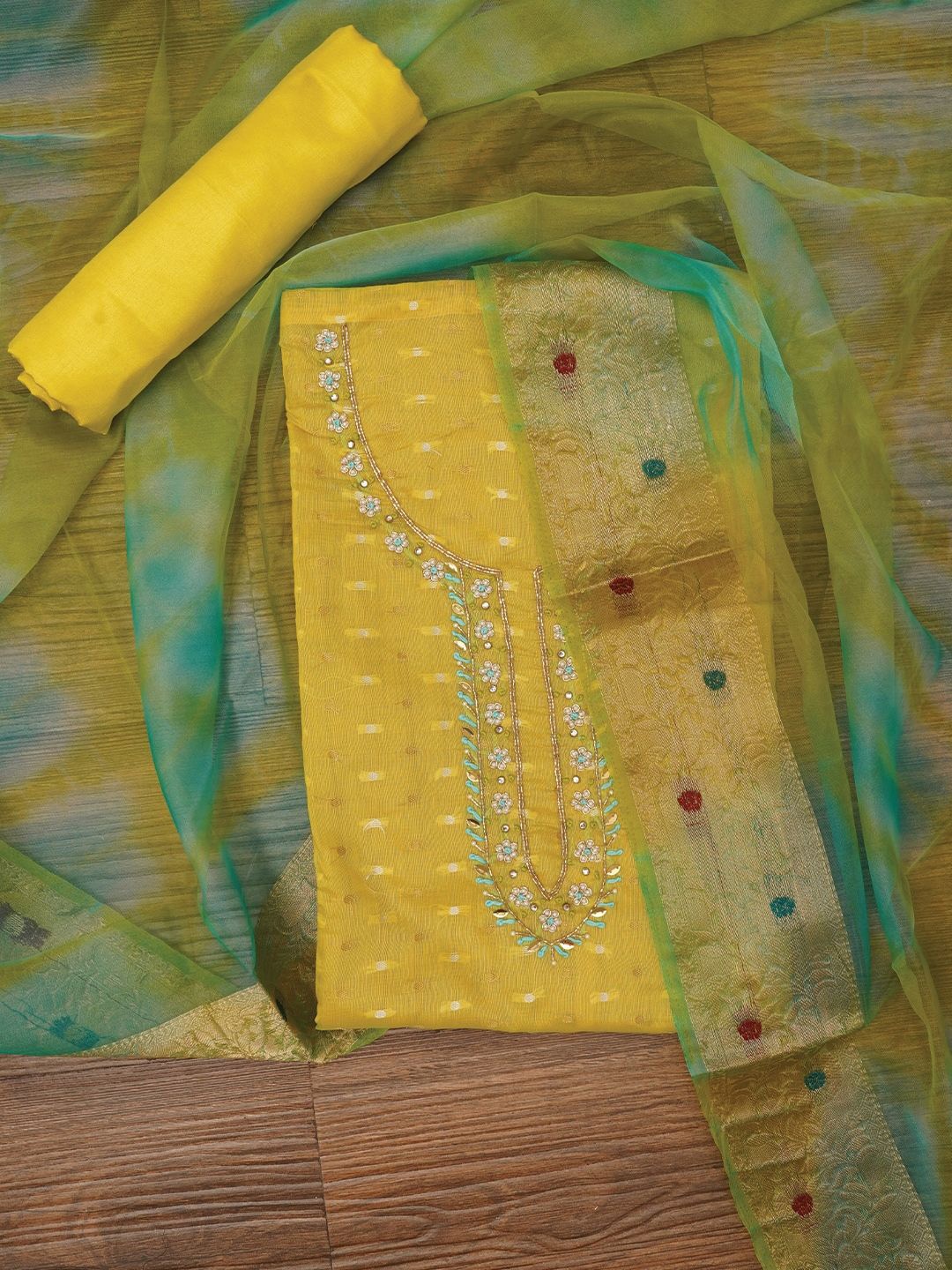 

Jaipur Kurti Cotton Blend Embellished Dress Material with Dupatta, Green