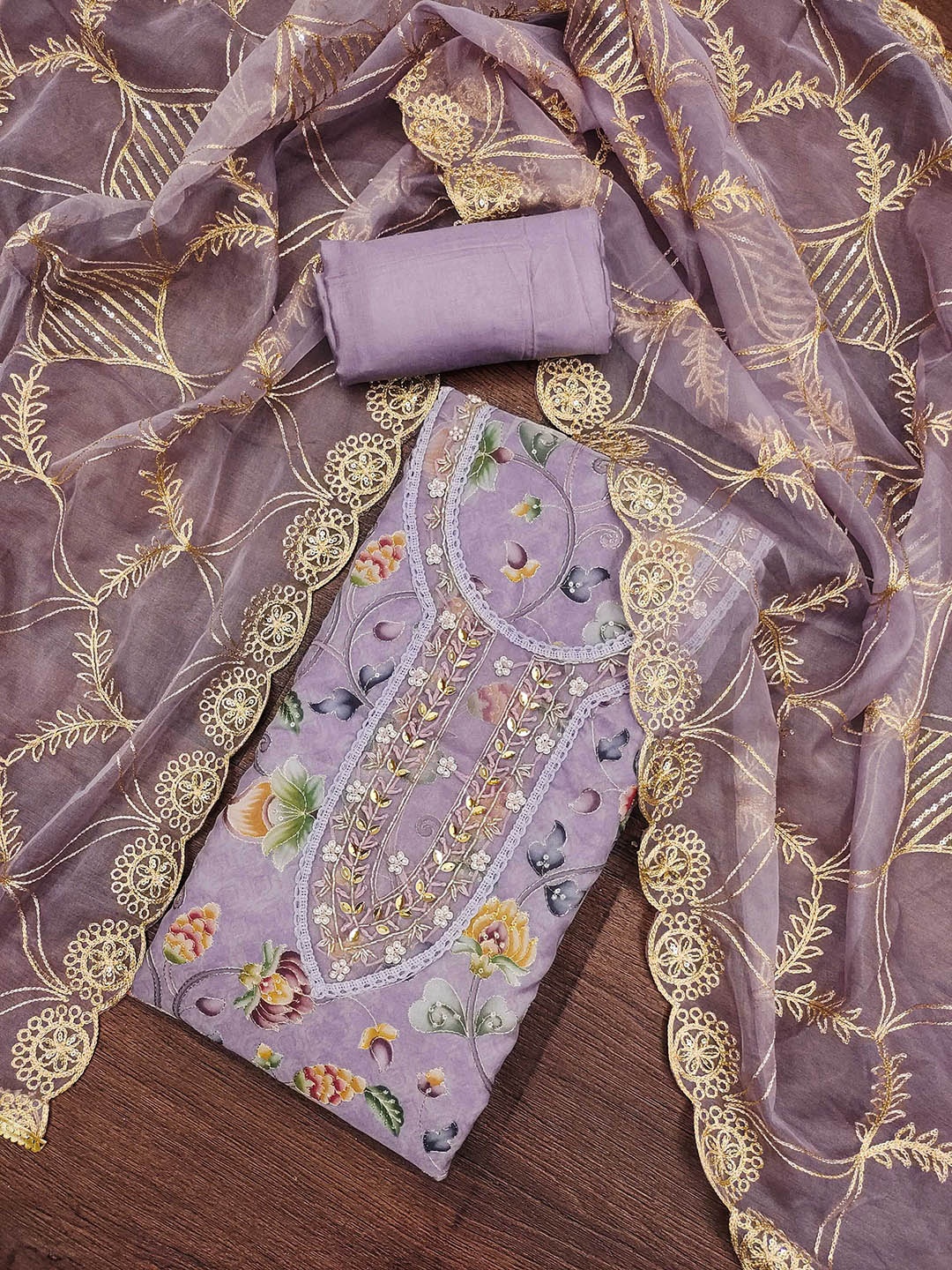 

KALINI Floral Embroidered Beads and Stones Detail Organza Unstitched Dress Material, Lavender