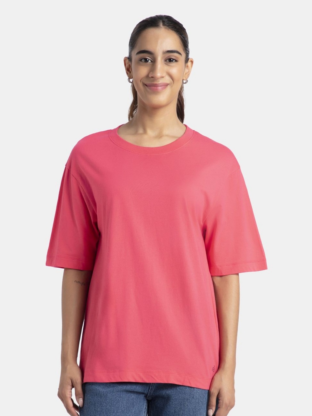 

Jockey Super Combed Cotton Solid Oversized T-shirt with Drop Shoulder Styling -A156, Peach