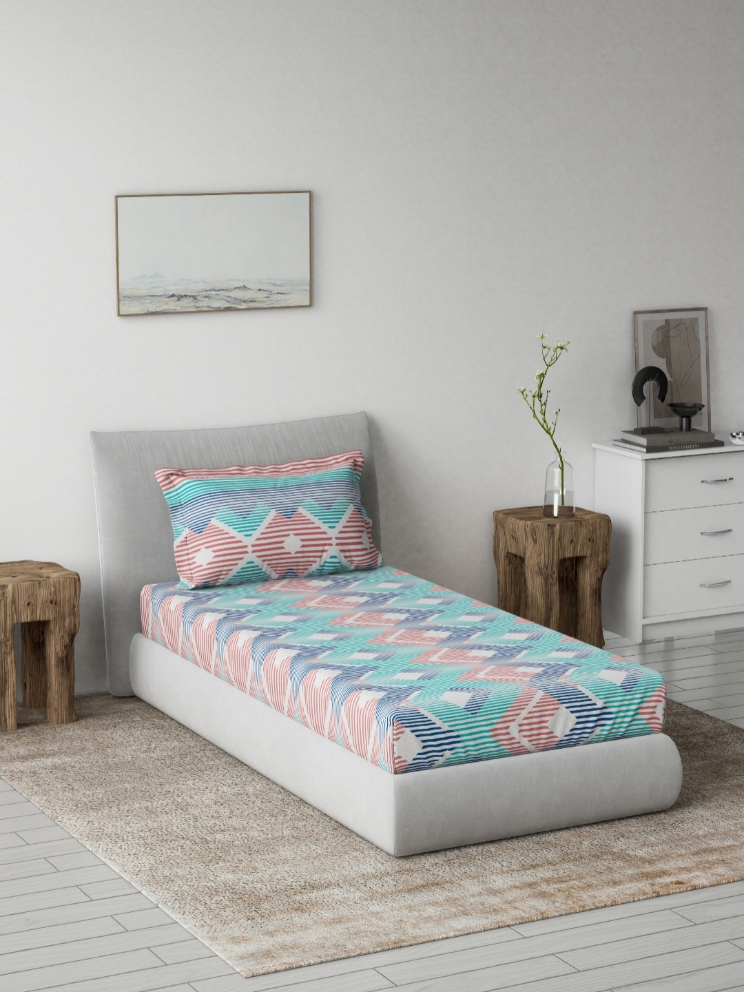

DDecor Blue & White Cotton Geometric Printed 144 TC Single Bedsheet with 1 Pillow Cover