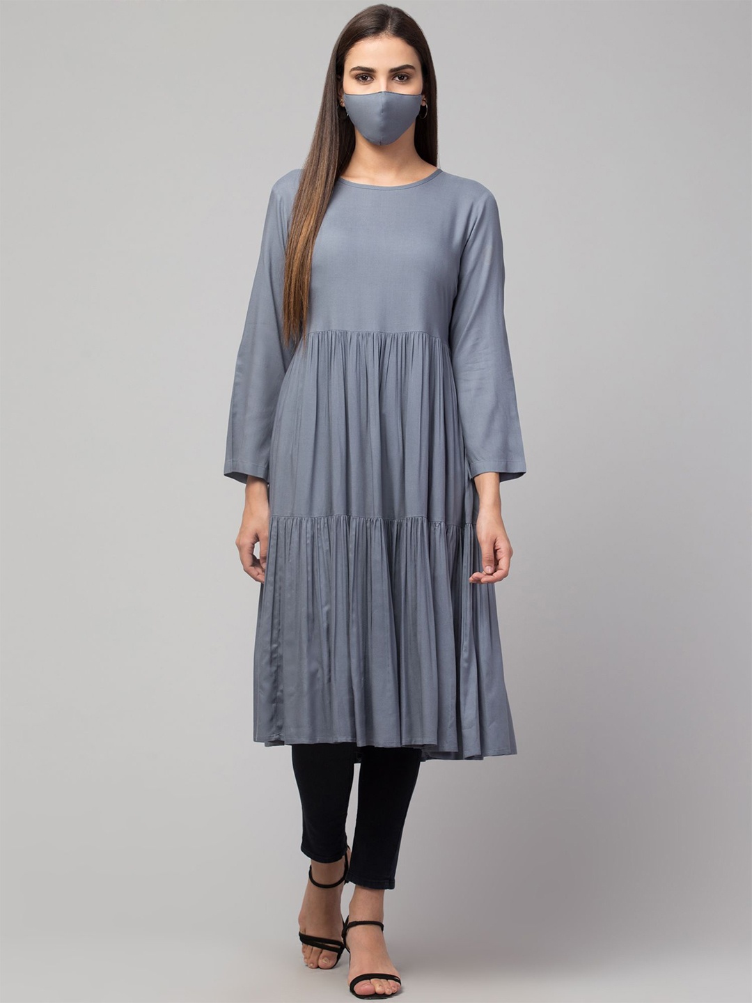 

MUSHKIYA A-Line Flared Kurta, Grey