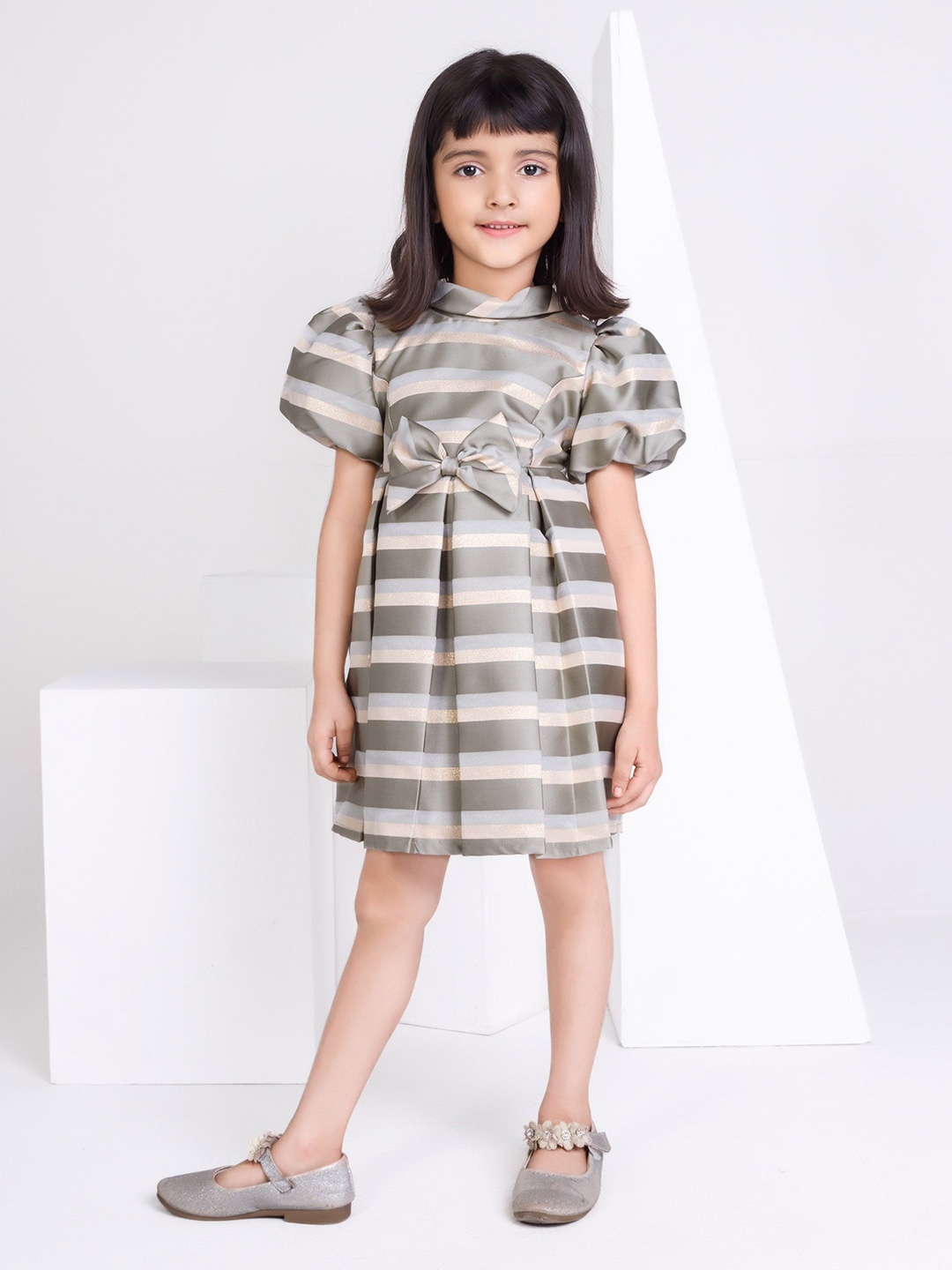 

Peppermint Girls Striped Puff Sleeve Bow Detail A-Line Dress, Olive