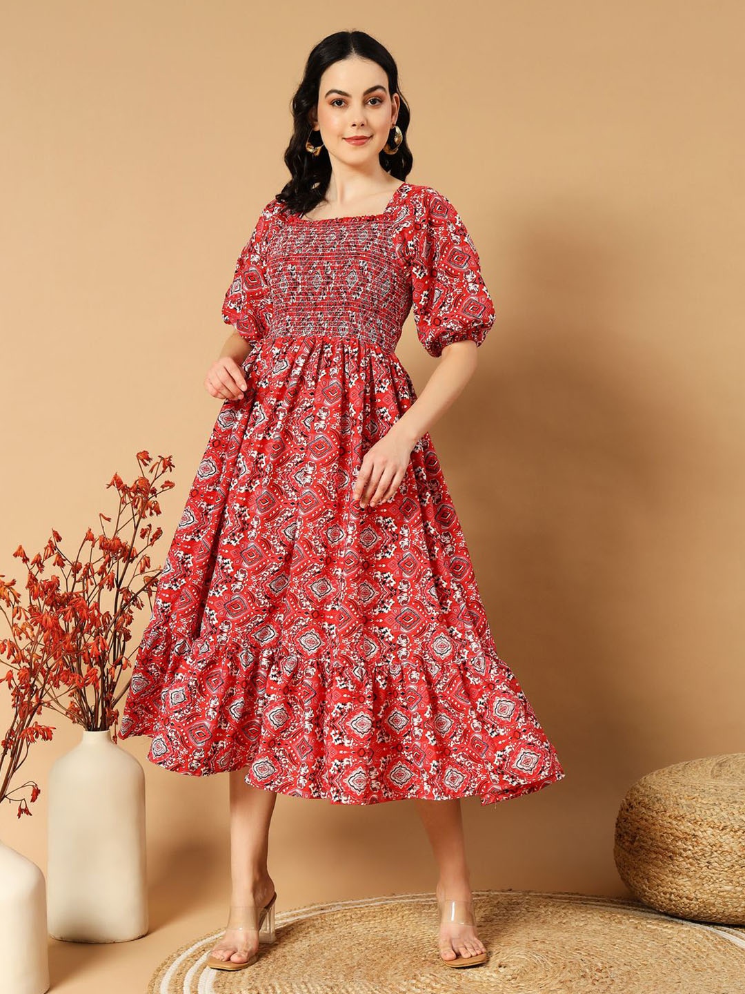 

OTABU Printed Square Neck Puff Sleeve Fit and Flare Midi Dress, Red