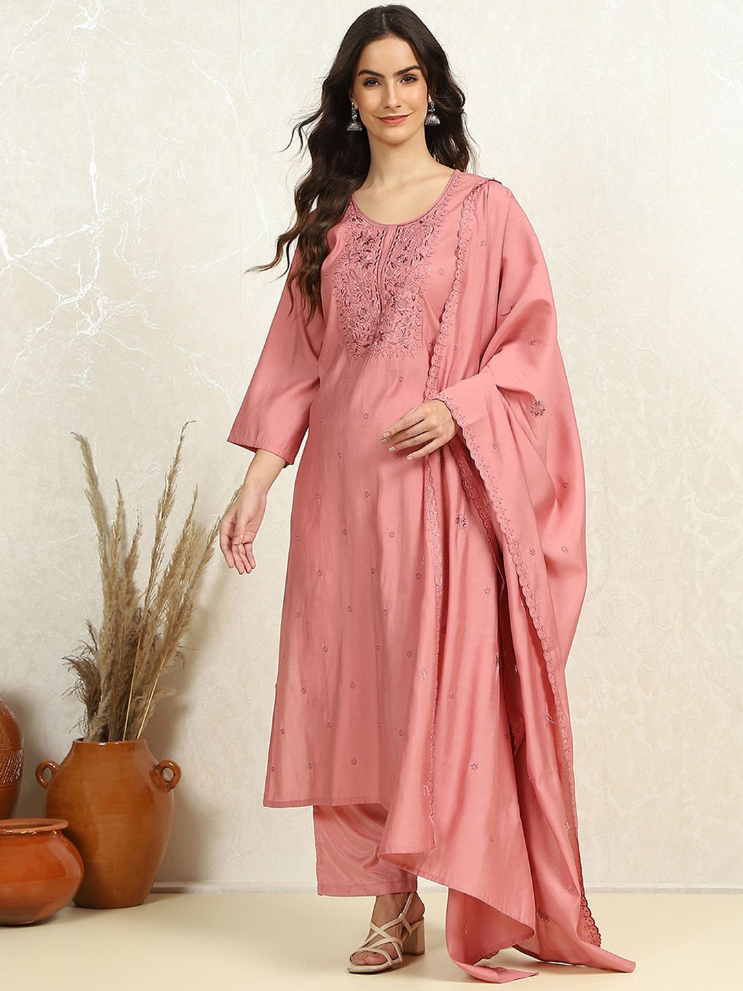 

Biba Floral Embroidered Unstitched Dress Material, Pink