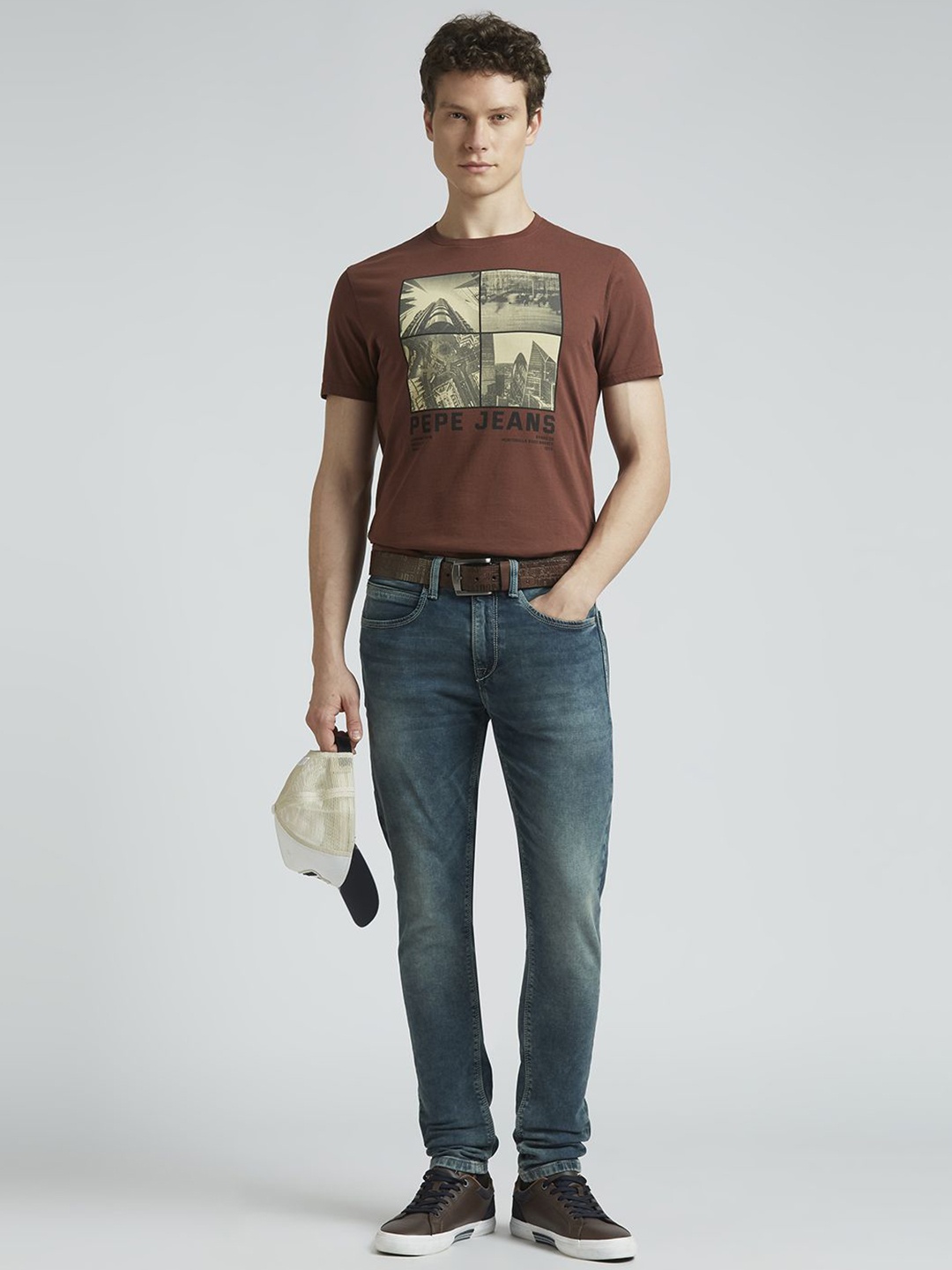 

Pepe Jeans Men Graphic Printed Round Neck Cotton Slim Fit T-shirt, Brown