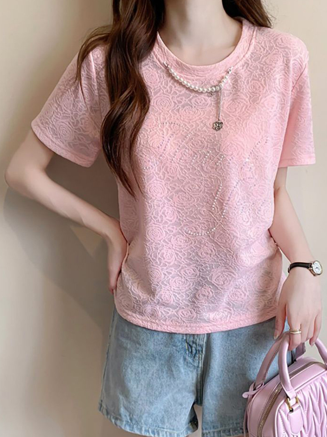 

StyleCast x Revolte Women Self Design Round Neck Top, Pink