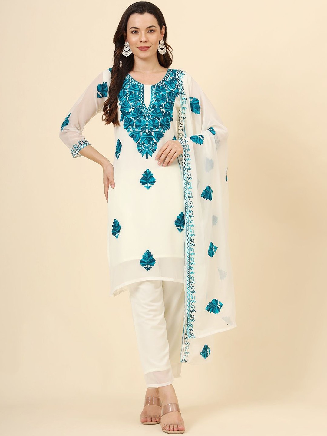 

VAIRAGEE Ethnic Motifs Embroidered Thread Work Straight Kurta with Trousers & With Dupatta, Turquoise blue
