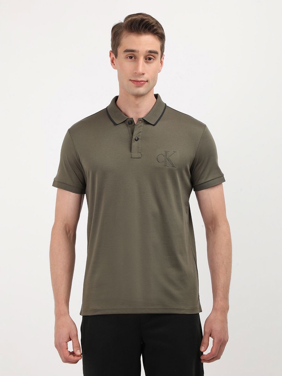 

Calvin Klein Jeans Men Solid Polo Collar Cotton T-shirt, Olive