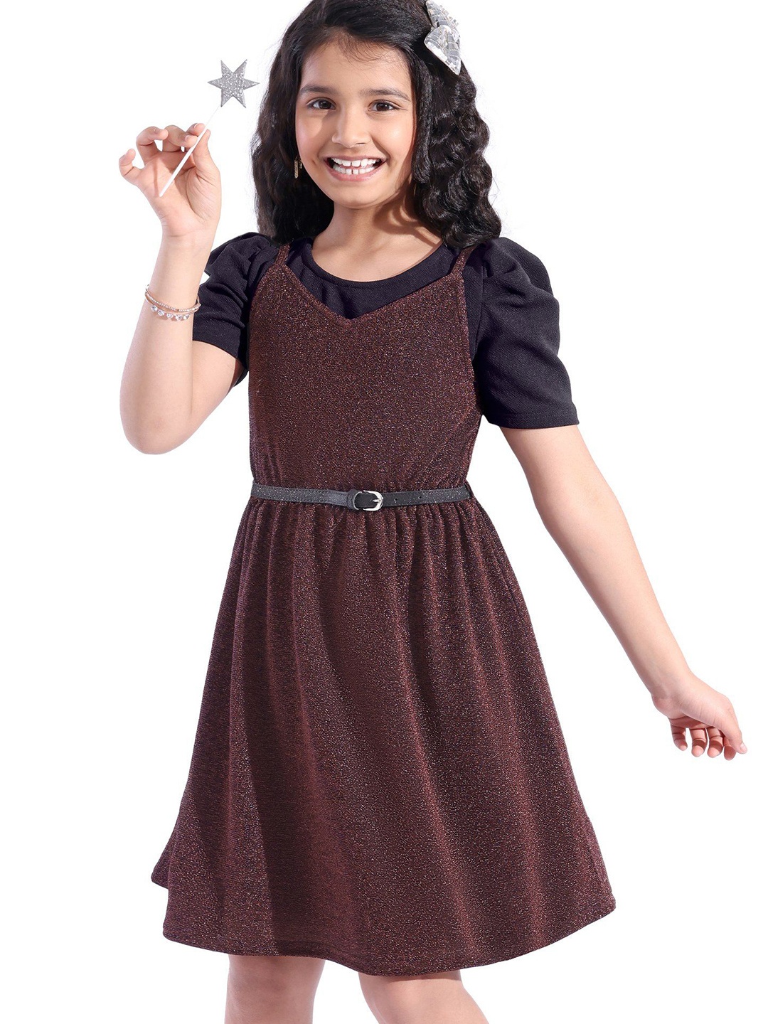 

Hola Bonita Girls Solid Embellished Fit & Flare Dress, Maroon