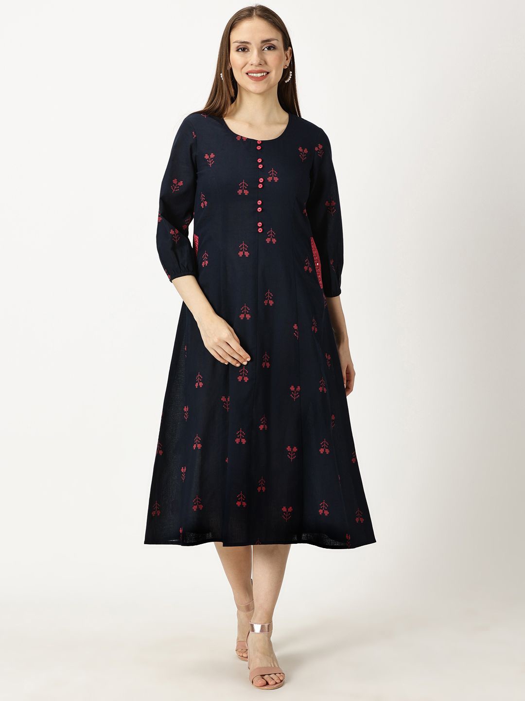 

Saffron Threads Floral Bishop Sleeve A-Line Midi Dress, Navy blue