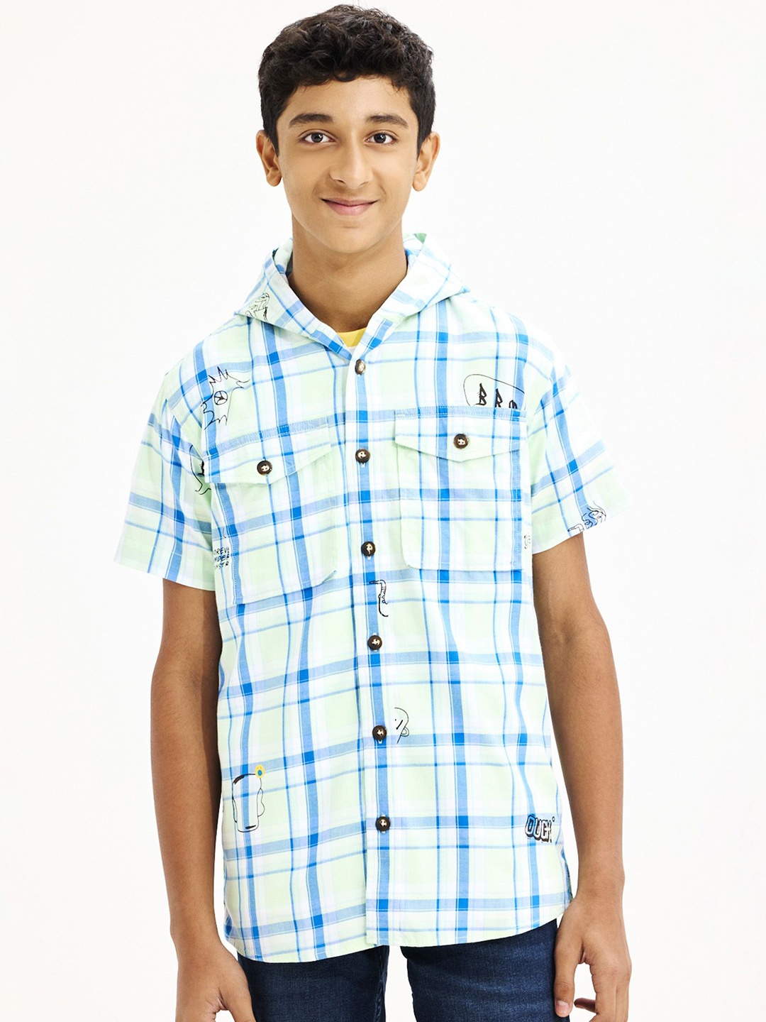 

NO MONDAYS Boys Relaxed Hood Checked Cotton Casual Shirt, Green