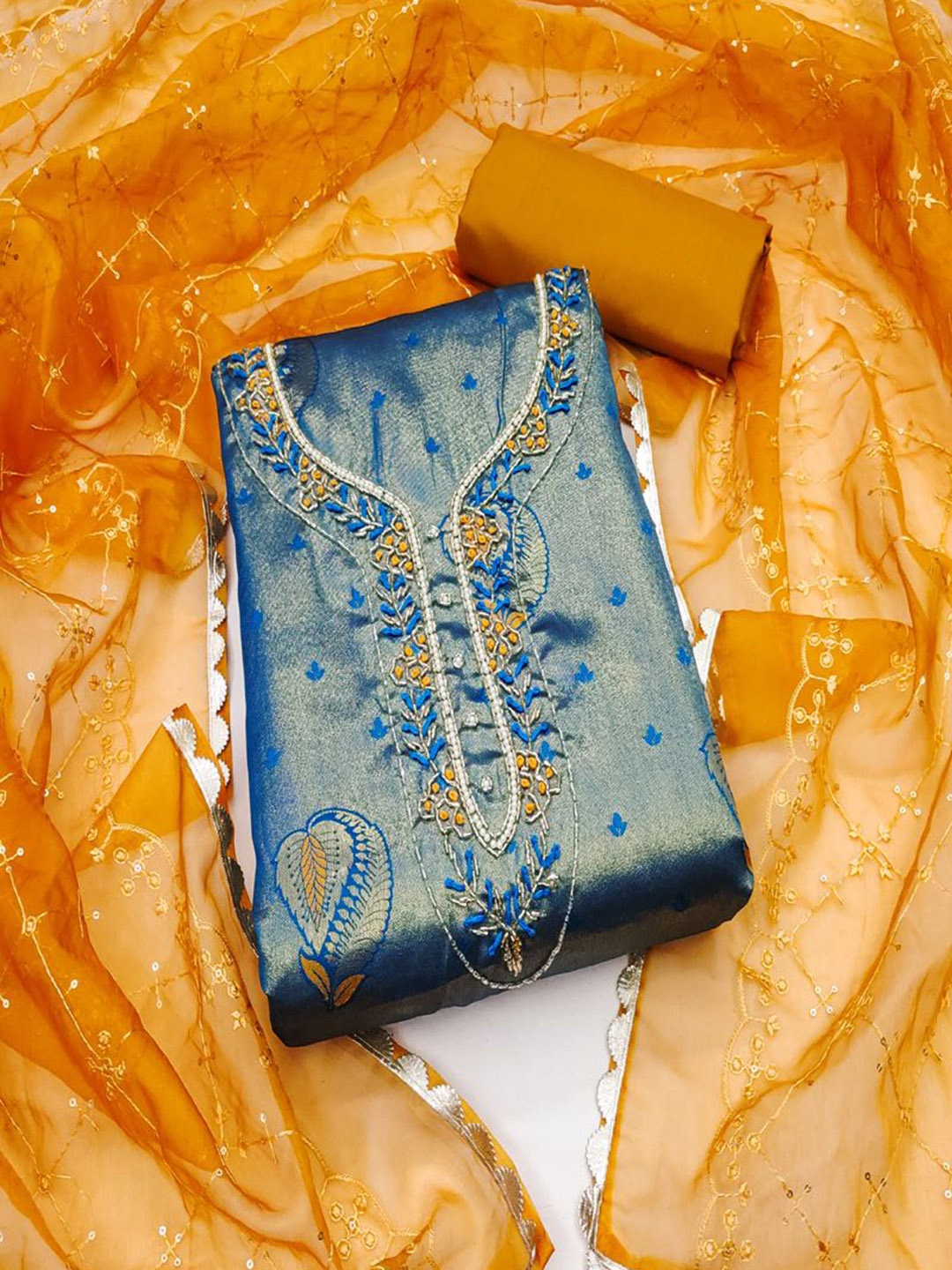 

ASISA Ethnic Motifs Embroidered Beads and Stones Organza Unstitched Dress Material, Blue