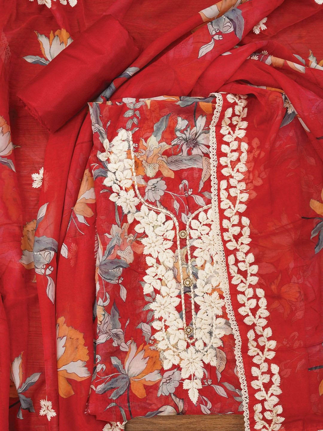 

Jaipur Kurti Lucknowi Embroidered Organza Dress Material with Dupatta, Red