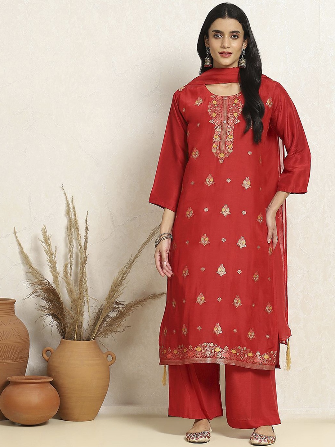 

Biba Floral Embroidered Unstitched Dress Material, Red