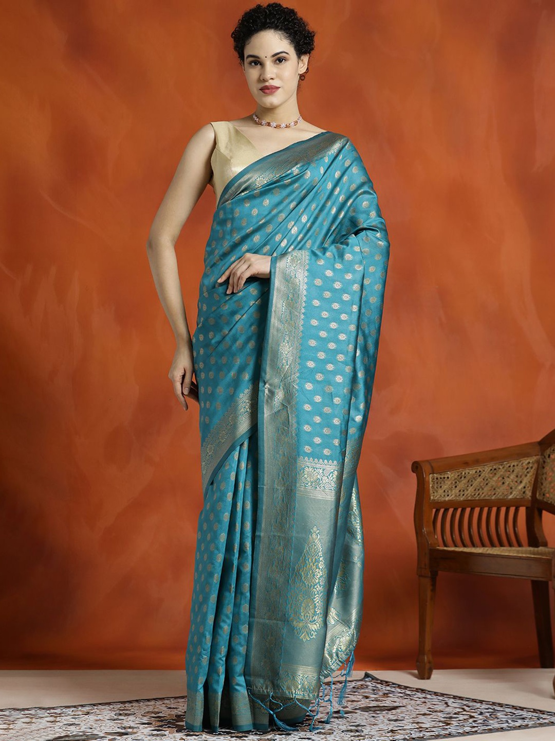 

Jaipur Kurti Heavy Banarasi Zari Woven Silk Blend Saree, Teal