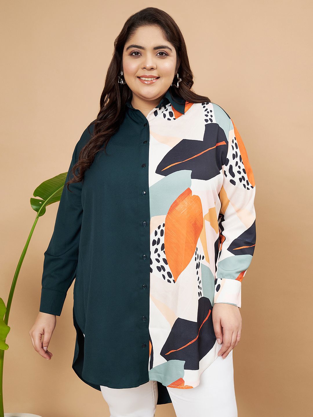 

MOOBA Women Classic Built-Up Collar Colourblocked Casual Plus Size Shirt, Green