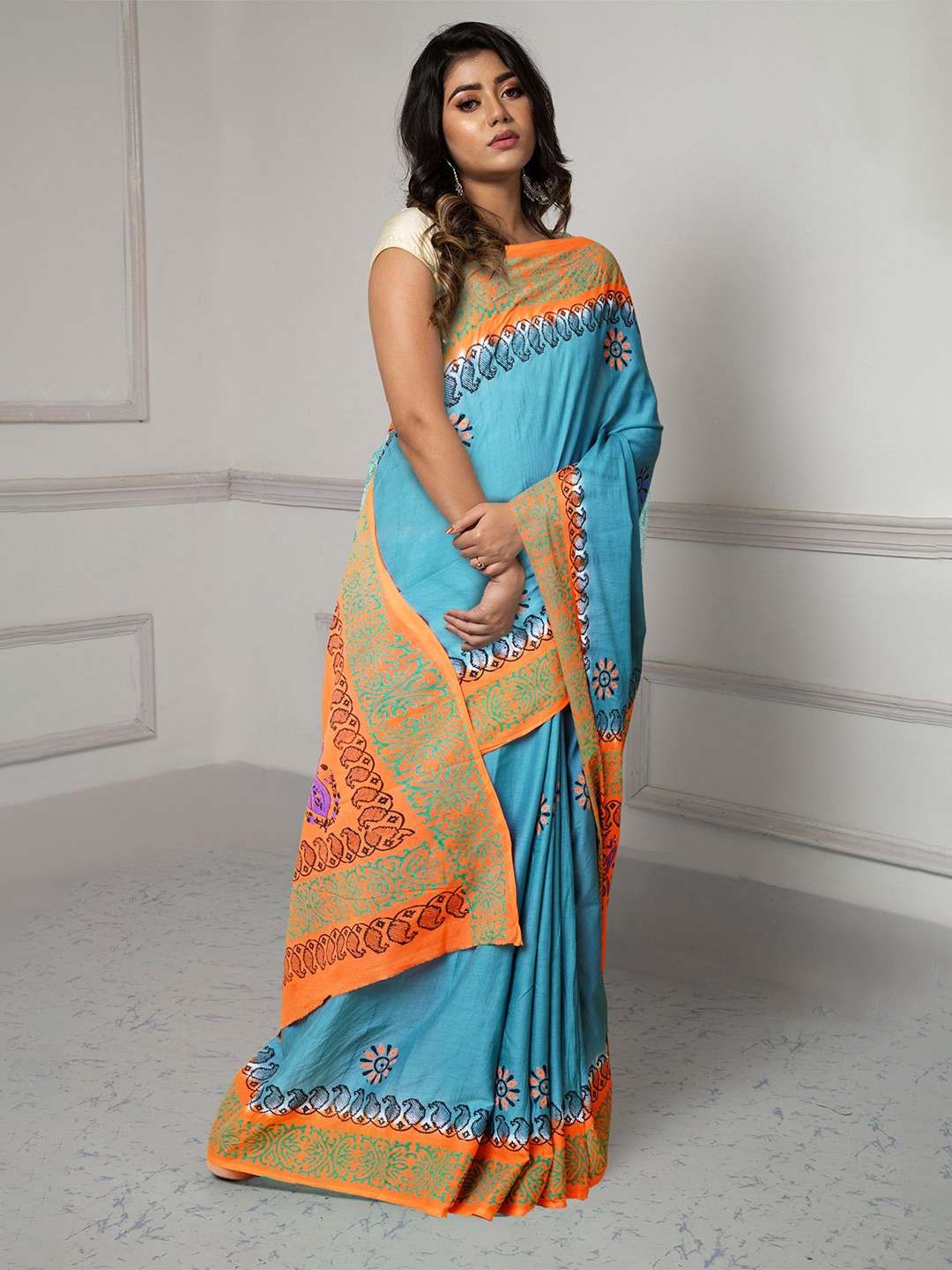 

Unnati Silks Ethnic Motifs Pure Cotton Handloom Block Print Saree, Green