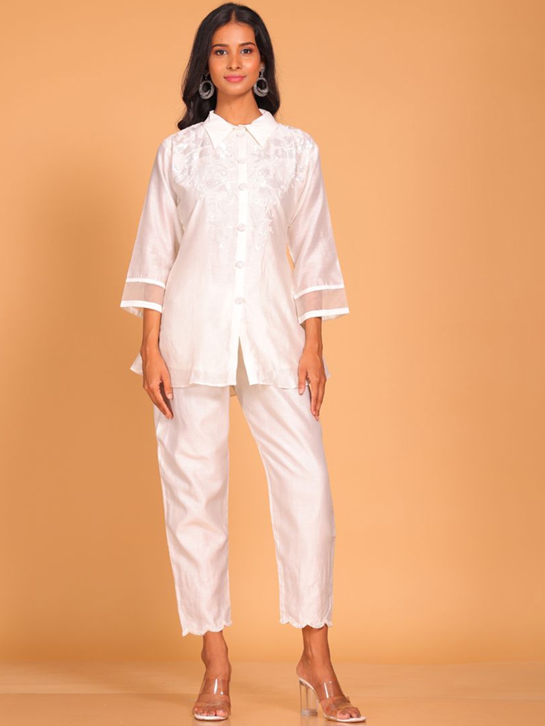 

Morchari Floral Embroidered Pure Silk Tunic with Trousers, White