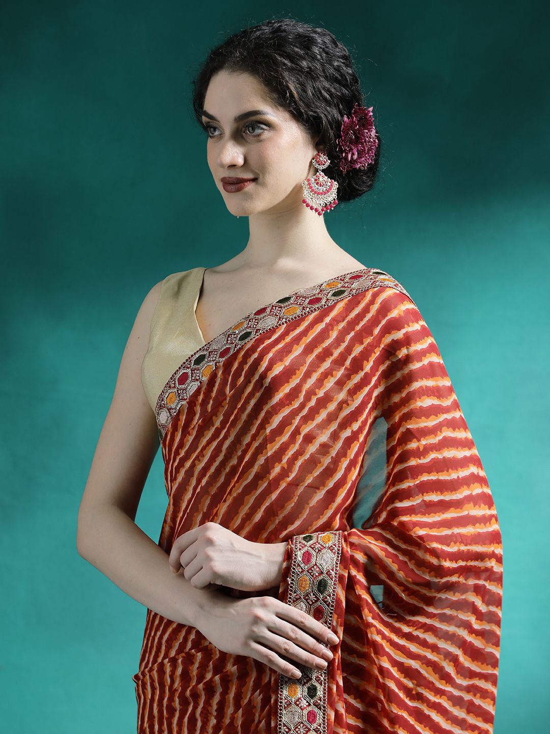 

Sangria Leheriya Printed Chiffon Sarees, Orange