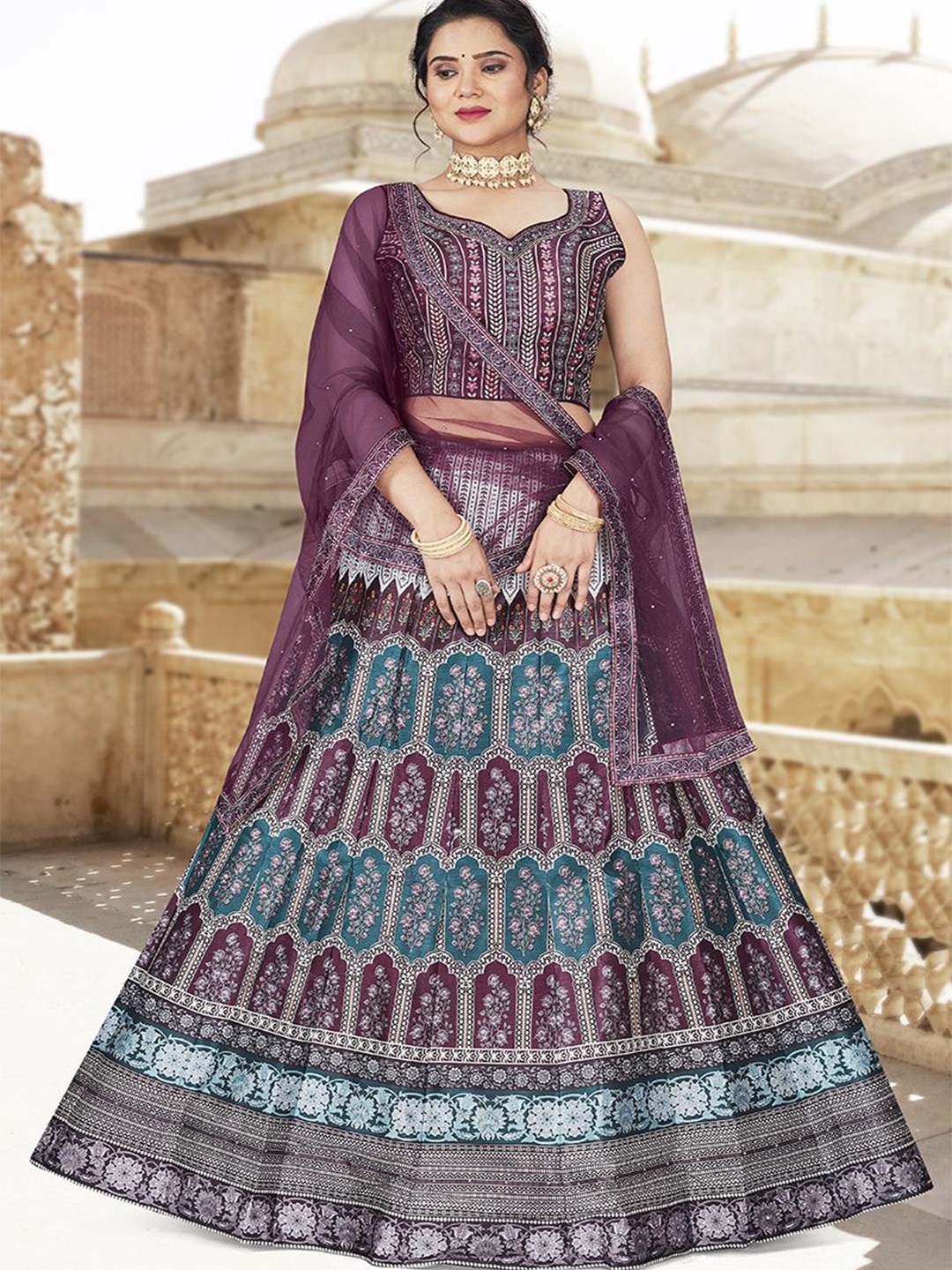 

Krimmple Printed Beads and Stones Ready to Wear Lehenga & Blouse With Dupatta, Purple