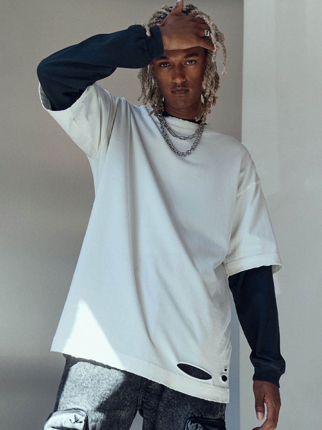 

H&M Pure Cotton Oversized Fit Worn-Look T-Shirt, White