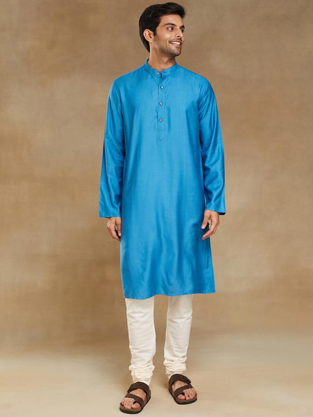 

Fabindia Slim Fit Band Collar Straight Kurta, Blue