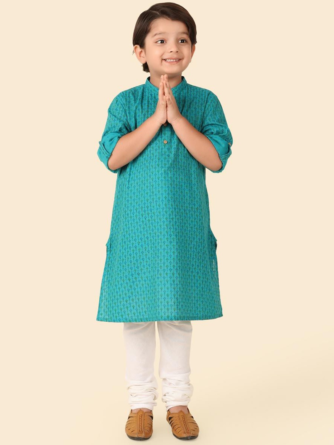 

Fabindia Boys Ethnic Motifs Printed Band Collar Cotton Straight Kurta, Teal