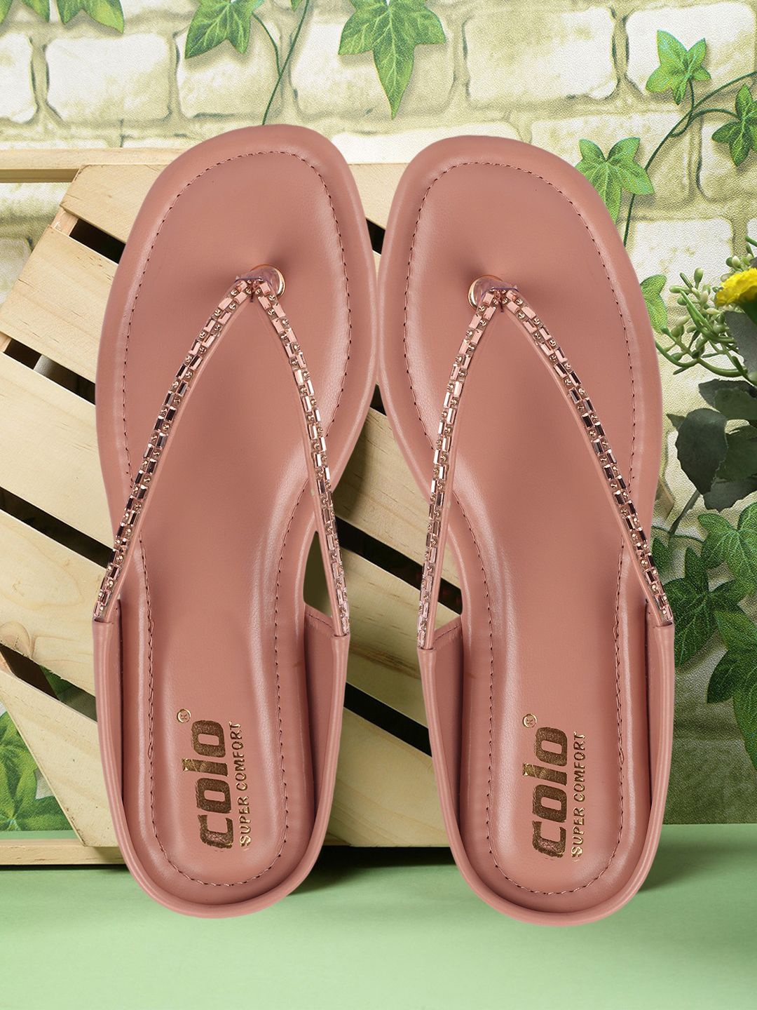 

Colo Women Embellished T-Strap Flats, Peach