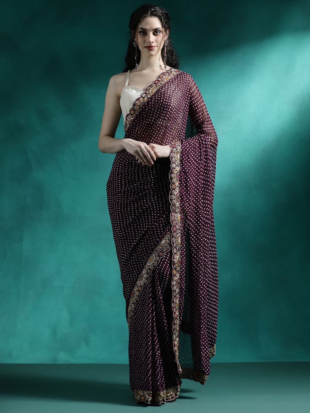 

Sangria Printed With Embroidered Border Saree With Unstitched Blouse Piece, Brown